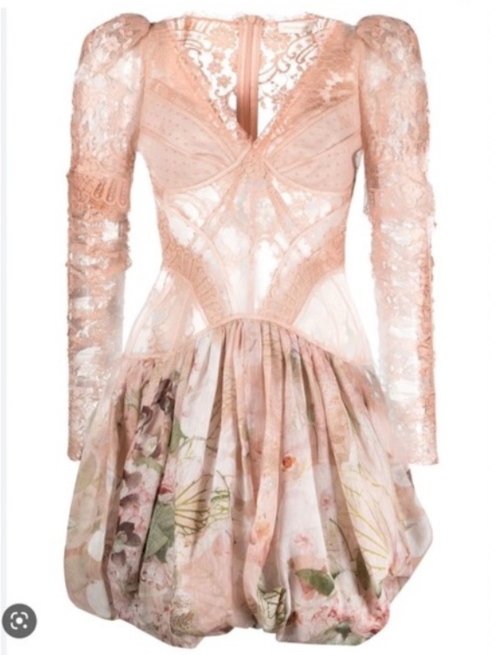 Zimmermann Blush Pink Lace & Floral Long-Sleeve Mini Dress